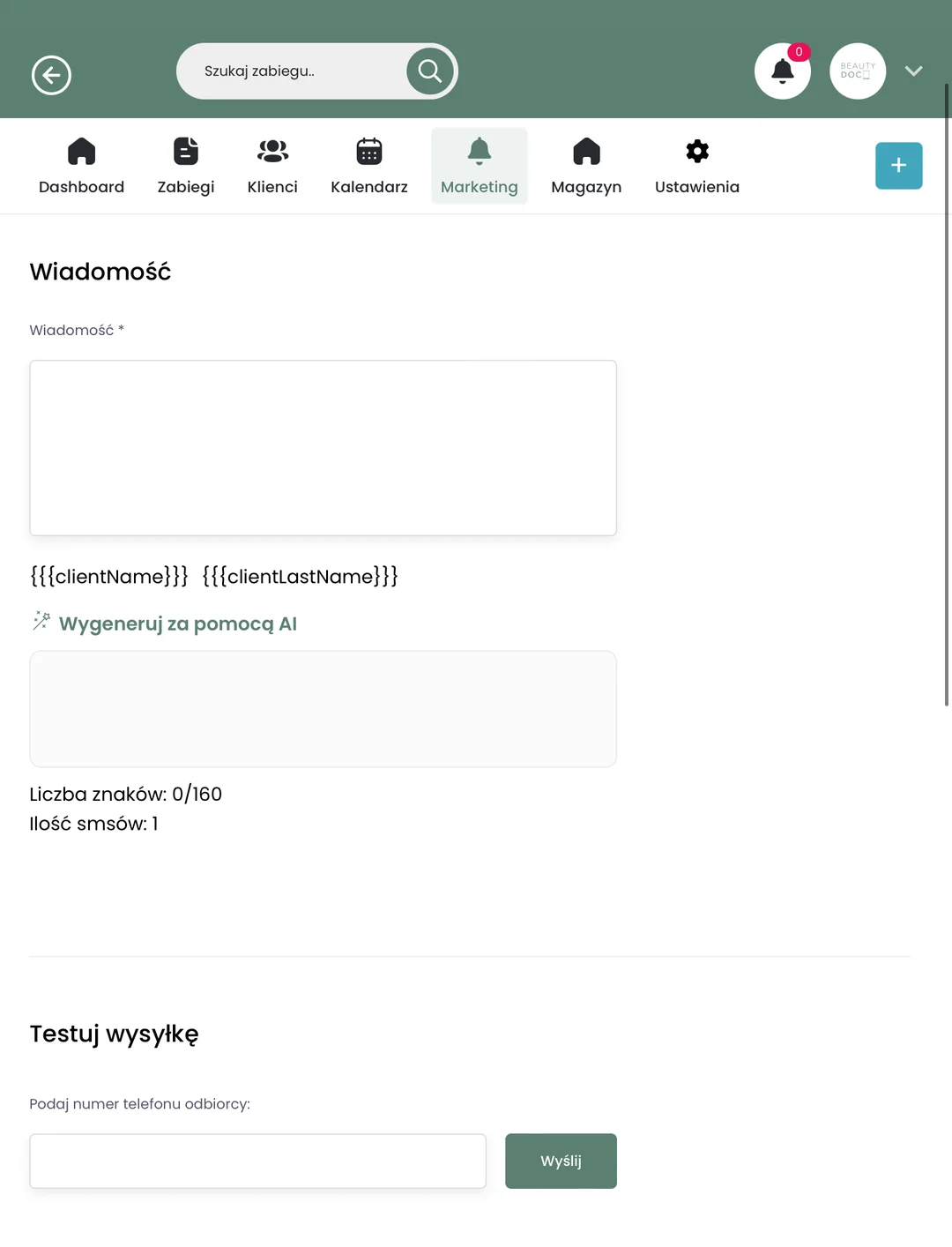 Aplikacja BeautyDoc na tablecie: zakładka Marketing, pole treści wiadomości i przycisk „Wygeneruj za pomocą AI”