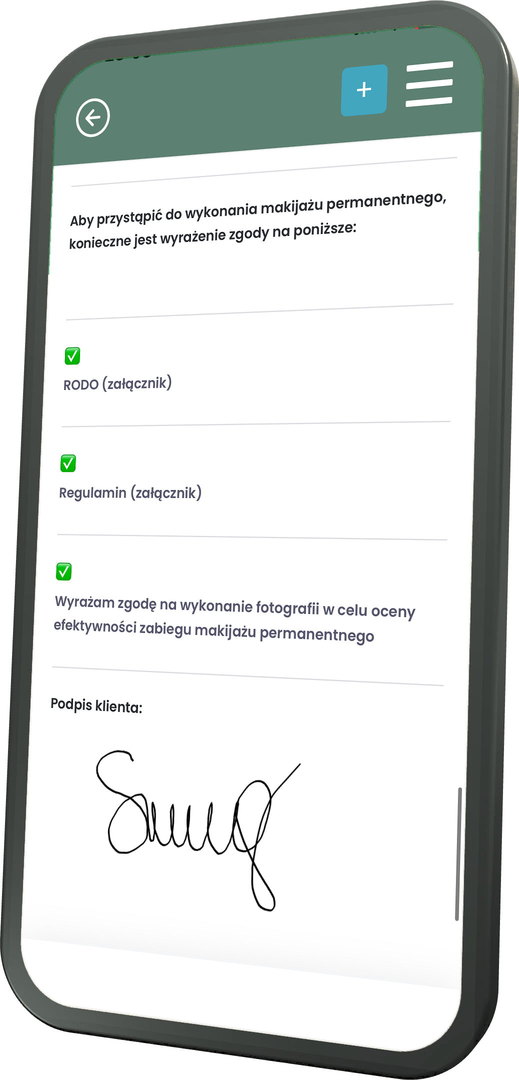 Ekran aplikacji BeautyDoc: formularz zgody na zabieg z podpisem klientki